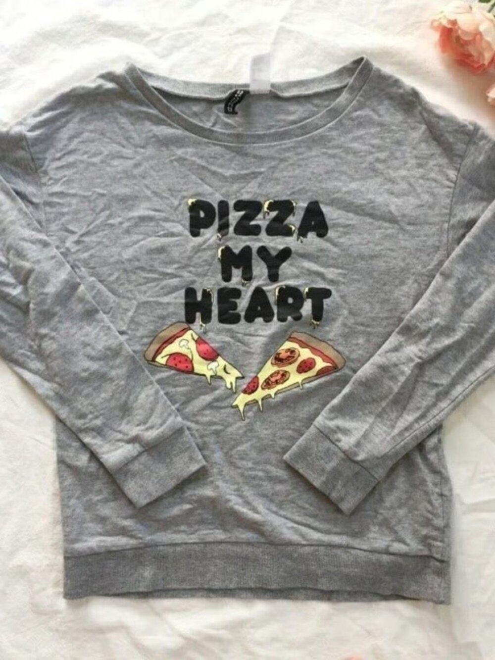 H&M Gray Pizza Graphic Crewneck Sweatshirt